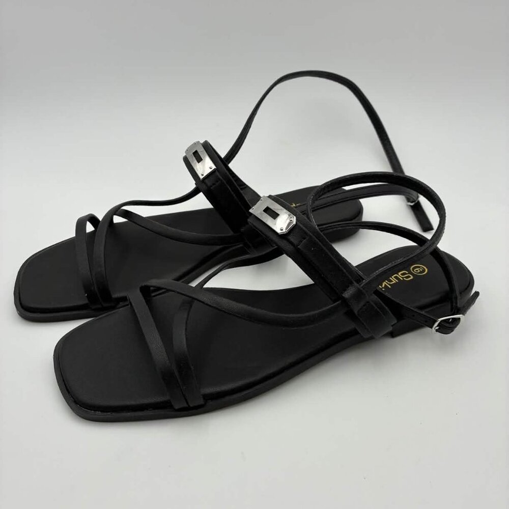 Supki Strappy Ankle Sandal Black Womens 9 Flat Open Toe